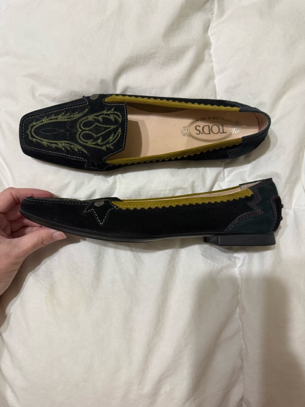 Tod's Black Suede Loafers with Olive Embroidery and Mustard Trim 40 10 - Picture 6 of 10